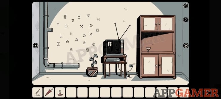 Living-room puzzle scene with cabinets, clues, and boarded doorway in The Girl in the Window
